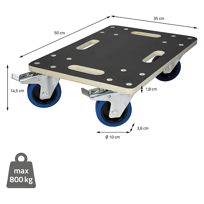 ECD Germany Transportroller Rollbrett Lastenroller Möbelhund 35x50 cm 2er Set mit Feststellbremse - Verbundwerkstoff - Schwarze, rutschfeste Sperrholz-Transportrolle mit blauen Rädern, 50x35 cm Plattform, 14,5 cm hoch, max. 800 kg Tragkraft.