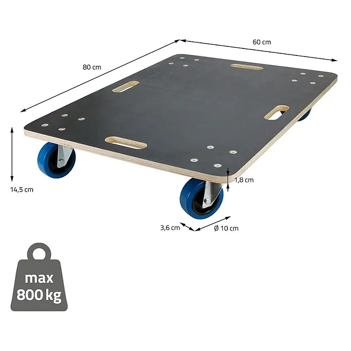 ECD Germany Transportroller Rollbrett Lastenroller Möbelhund 60x80 cm 2er Set - Verbundwerkstoff - Dunkelgrauer Holz-Transportroller mit blauen Rollen, 80x60 cm, 14,5 cm hoch, max. 800 kg Traglast, für schwere Güter.