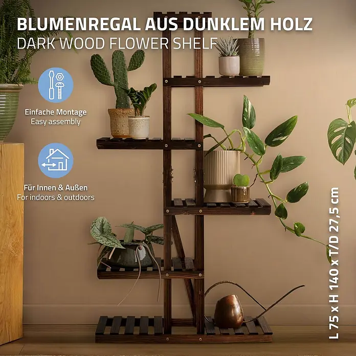 ML-Design Stufenregal Pflanzenregal Pflanzentreppe 6 Ebenen, Blumentreppe, Pflanzenständer - Aufstellen, Braun - Mehrstufiges Blumenregal aus dunklem Holz, ideal für Pflanzen im Innen- oder Außenbereich.