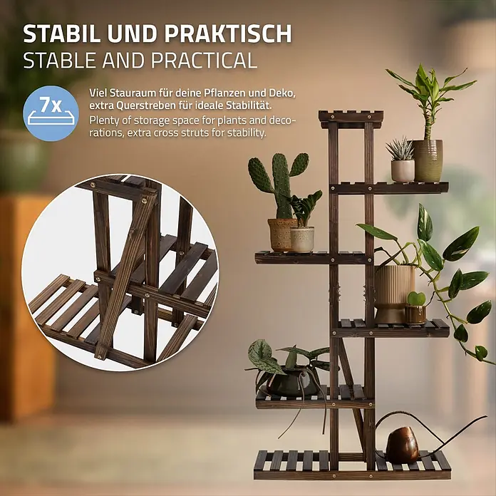 ML-Design Stufenregal Pflanzenregal Pflanzentreppe 6 Ebenen, Blumentreppe, Pflanzenständer - Aufstellen, Braun - Dunkelbraunes Holz-Pflanzenregal mit 7 Ablagen, bestückt mit verschiedenen Topfpflanzen in einem Innenbereich.