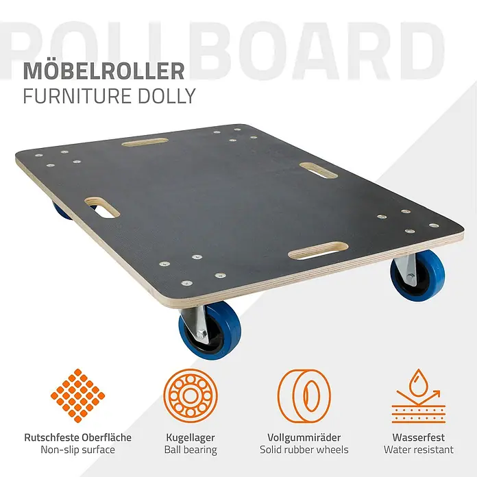 ECD Germany Transportroller Rollbrett Lastenroller Möbelhund 60x80 cm 2er Set - Verbundwerkstoff - Möbelroller mit rutschfester, dunkelgrauer Oberfläche, Holzrand und blauen Vollgummirädern mit Kugellager. Wasserfest.