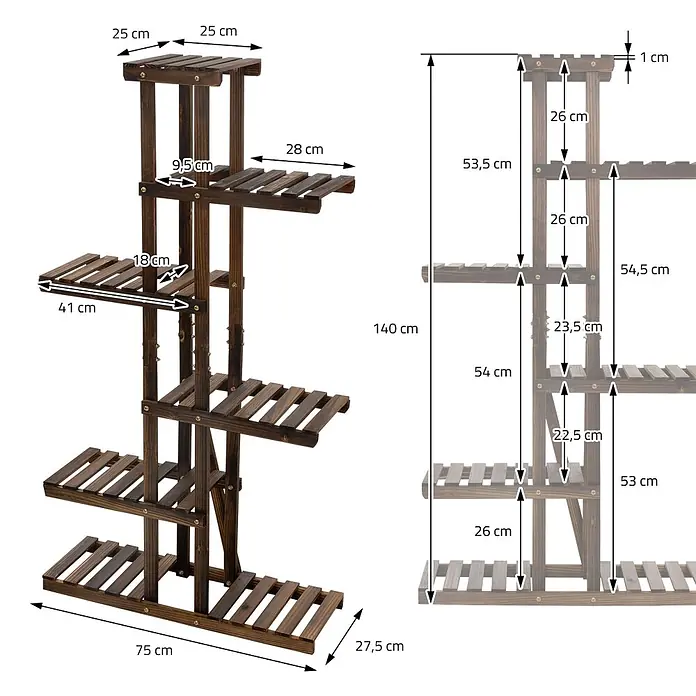 ML-Design Stufenregal Pflanzenregal Pflanzentreppe 6 Ebenen, Blumentreppe, Pflanzenständer - Aufstellen, Braun - Mehrstufiger Pflanzenständer aus dunklem Holz mit verschiedenen Ablagemassen, 75 cm breit und 140 cm hoch.