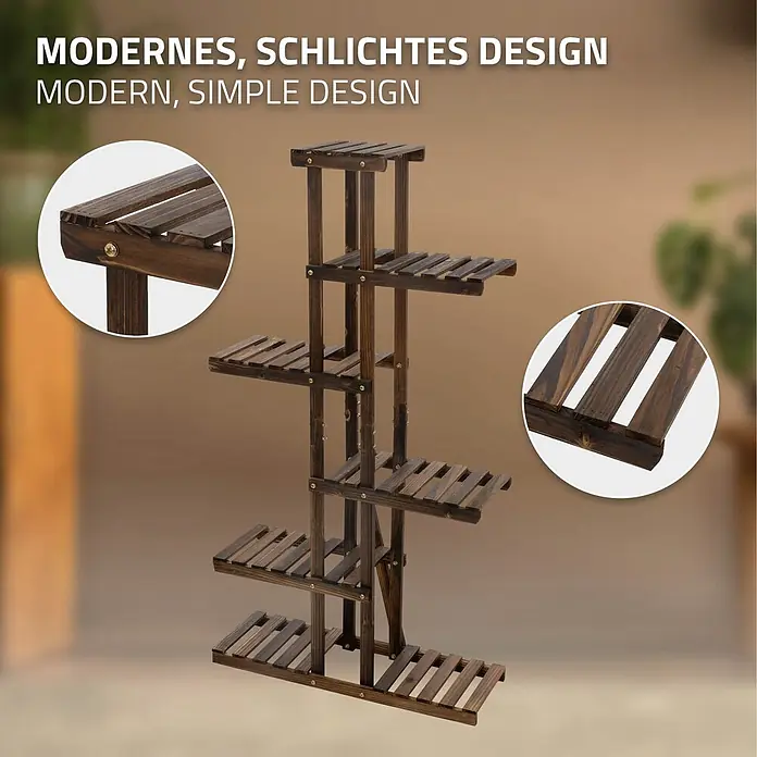 ML-Design Stufenregal Pflanzenregal Pflanzentreppe 6 Ebenen, Blumentreppe, Pflanzenständer - Aufstellen, Braun - Dunkelbraunes, mehrstufiges Pflanzenregal aus Holz in modernem, schlichtem Design, mit Details der Latten und Schraubverbindungen.
