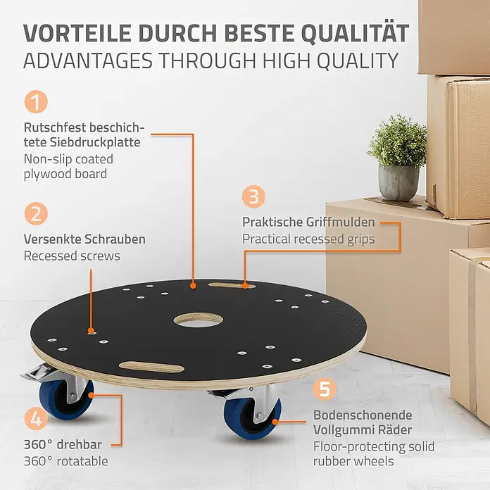 ECD Germany Transportroller Transportroller mit Siebdruckplatte, Möbel-Transport Transporthilfe - Verbundwerkstoff - Runde Möbelrolle mit schwarzer, rutschfester Oberfläche, Griffmulden und 360° drehbaren, bodenschonenden Gummirädern.
