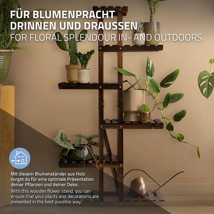 ML-Design Stufenregal Pflanzenregal Pflanzentreppe 6 Ebenen, Blumentreppe, Pflanzenständer - Aufstellen, Braun - Dunkelbrauner, mehrstufiger Blumenständer aus Holz mit Pflanzen & Deko, für drinnen und draußen geeignet.