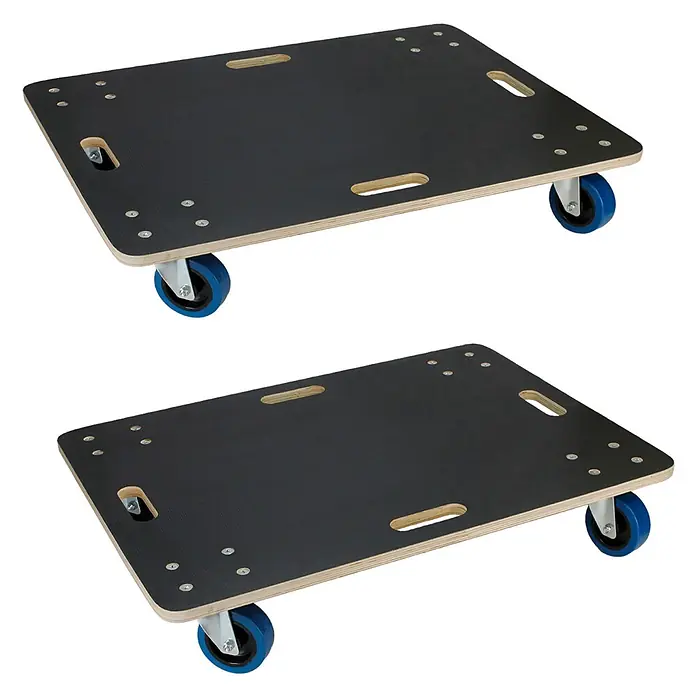 ECD Germany Transportroller Rollbrett Lastenroller Möbelhund 60x80 cm 2er Set - Verbundwerkstoff - Zwei schwarze Transportroller aus Sperrholz mit blauen Rädern, ideal für den Transport schwerer Gegenstände.