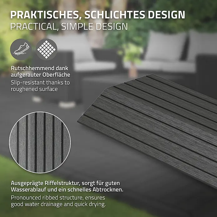 ML-Design Terrassenfliese Randabschlussleiste rechts Anthrazit 38x2x7,5cm Eckleiste Umrandung - Anthrazit - Nahaufnahme einer dunkelgrauen geriffelten Terrassendiele, die ihre rutschfeste Oberfläche und Struktur für Wasserablauf hervorhebt.