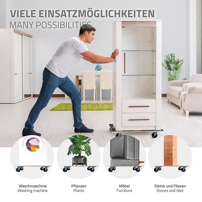 ECD Germany Transportroller Rollbrett Lastenroller Möbelhund 60x80 cm 2er Set - Verbundwerkstoff - Ein Mann schiebt einen weißen Schrank auf einem Möbelroller mit blauen Rollen. Einsätze zeigen Roller mit Waschmaschine, Pflanze, Möbel, Ziegeln.