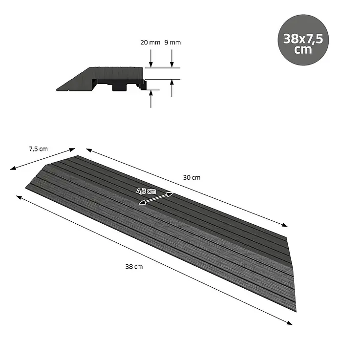 ML-Design Terrassenfliese Randabschlussleiste rechts Anthrazit 38x2x7,5cm Eckleiste Umrandung - Anthrazit - Dunkelgraue geriffelte Rampe, 38x7,5 cm, mit angezeigten Dicken- und Rillenmaßen.