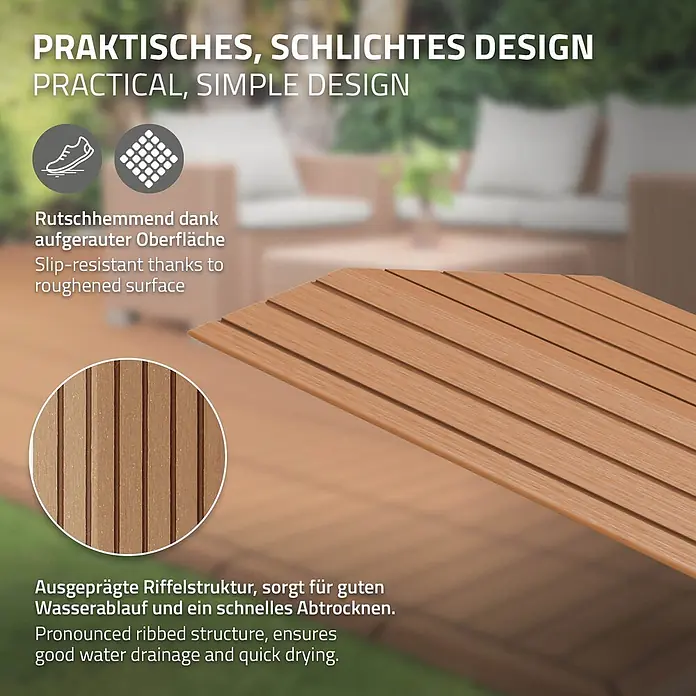 ML-Design Terrassenfliese Randabschlussleiste links Hellbraun 38x2x7,5 cm Eckleiste Umrandung - Hellbraun - Braunes Holz-Optik Terrassendiele mit gerippter, rutschhemmender Oberfläche für gute Entwässerung.