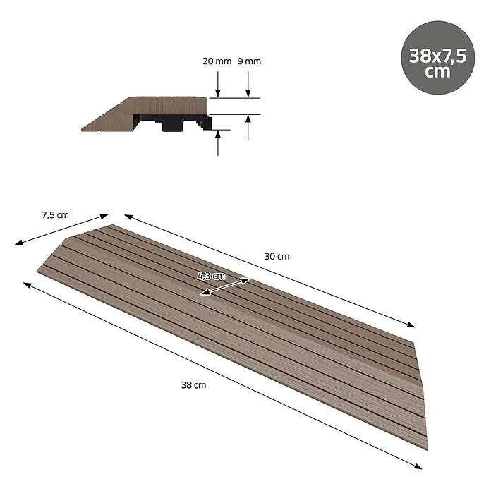 ML-Design Terrassenfliese Randabschlussleiste rechts Dunkelbraun 38x2x7,5 cm Eckleiste Umrandung - Dunkelbraun - Braune gerillte Terrassendiele Rampe 38x7,5 cm, Höhe 20mm auf 9mm.
