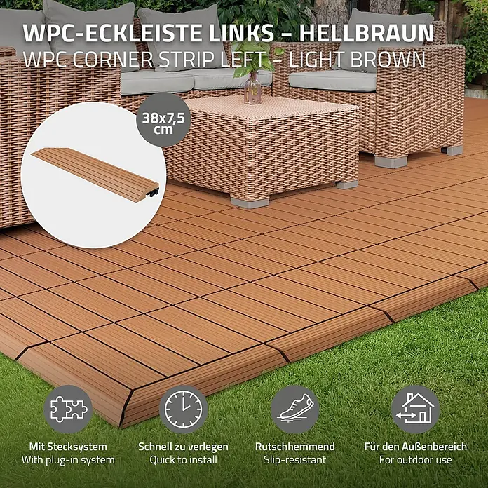 ML-Design Terrassenfliese Randabschlussleiste links Hellbraun 38x2x7,5 cm Eckleiste Umrandung - Hellbraun - Hellbraune WPC-Eckleiste (38x7,5 cm) mit Stecksystem, die eine Terrassenfläche auf Rasen abschließt. Rutschhemmend & schnell montiert.