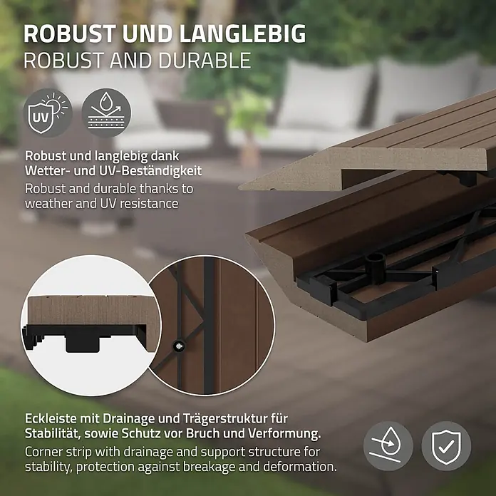ML-Design Terrassenfliese Randabschlussleiste rechts Dunkelbraun 38x2x7,5 cm Eckleiste Umrandung - Dunkelbraun - Braune WPC-Terrassendielen-Eckleiste mit schwarzer Unterkonstruktion für Drainage und Stabilität.