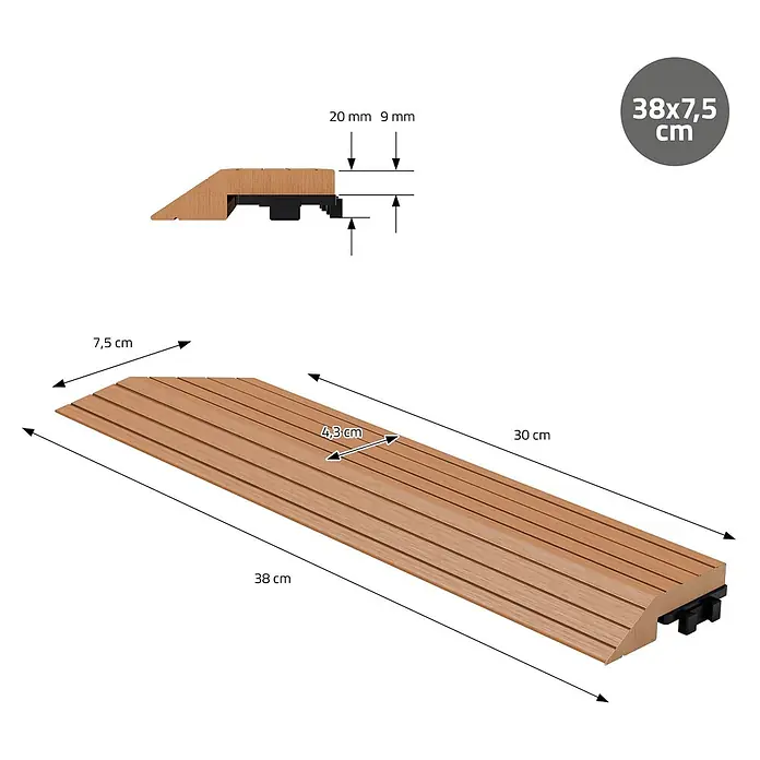 ML-Design Terrassenfliese Randabschlussleiste links Hellbraun 38x2x7,5 cm Eckleiste Umrandung - Hellbraun - Braune, holzähnliche Terrassenrampe mit gerillter Oberfläche und schwarzen Verbindern, Maße angezeigt.