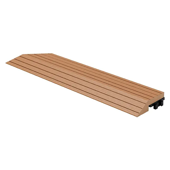 ML-Design Terrassenfliese Randabschlussleiste links Hellbraun 38x2x7,5 cm Eckleiste Umrandung - Hellbraun - Hellbraune Holzoptik-WPC-Terrassenrampe mit schwarzem Verbinder.