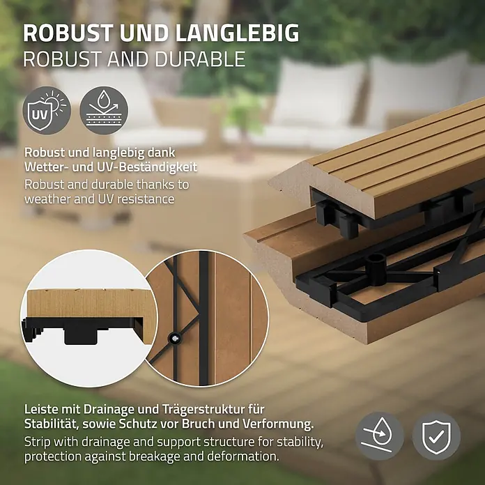 ML-Design Terrassenfliese Randabschlussleiste gerade Teak 30x2x7,5 cm Holzoptik Umrandung - Teak - Querschnitt einer robusten Holzoptik-Terrassendiele, mit interner Drainage und schwarzer Stützstruktur für Stabilität und Witterungsbeständigkeit.