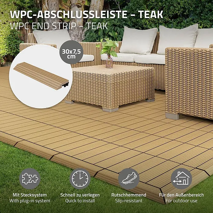 ML-Design Terrassenfliese Randabschlussleiste gerade Teak 30x2x7,5 cm Holzoptik Umrandung - Teak - WPC-Abschlussleiste (30x7,5 cm) in Teak-Optik, als Rand für eine WPC-Terrasse auf Gras.