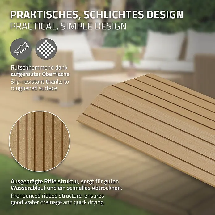 ML-Design Terrassenfliese Randabschlussleiste gerade Teak 30x2x7,5 cm Holzoptik Umrandung - Teak - Hellebraune gerippte Outdoor-Terrassendiele, betont die rutschfeste und schnell trocknende Oberfläche.