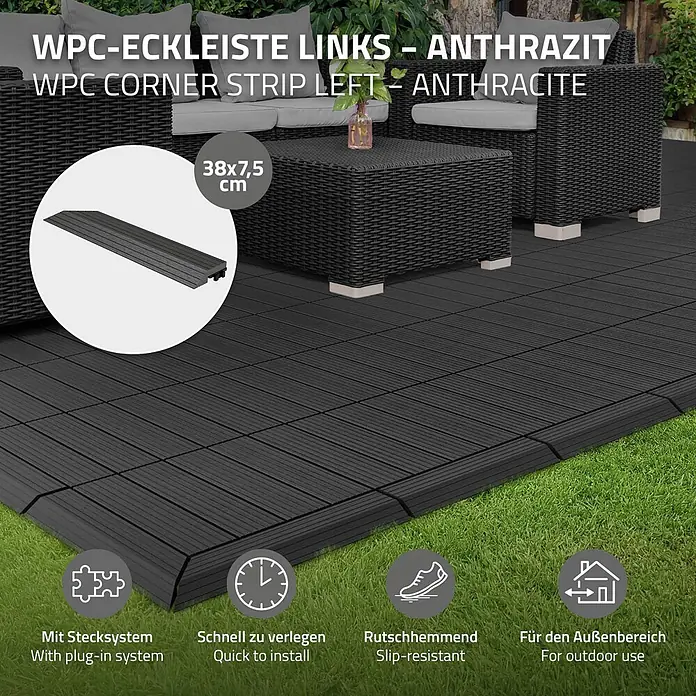 ML-Design Terrassenfliese Randabschlussleiste links Anthrazit 38x2x7,5 cm Eckleiste Umrandung - Anthrazit - Anthrazitfarbene WPC-Randleiste (38x7,5 cm) für rutschfeste, einfach zu verlegende Terrassenübergänge im Außenbereich.