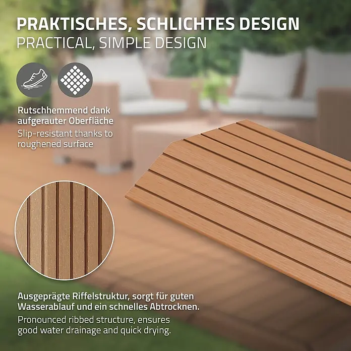 ML-Design Terrassenfliese Randabschlussleiste gerade Hellbraun 30x2x7,5 cm Holzoptik Umrandung - Hellbraun - Hellbraune, geriffelte Terrassenfliese/Diele, zeigt ihre rutschfeste Oberfläche und gute Wasserableitung.