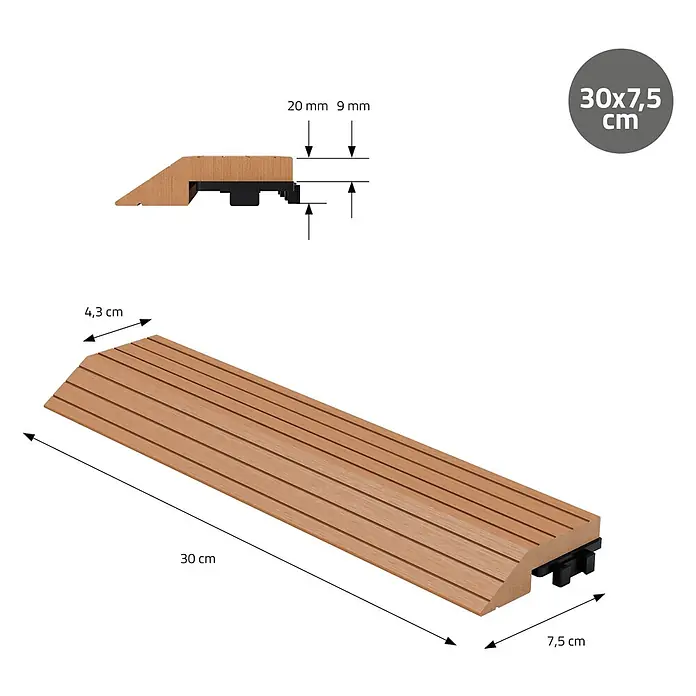 ML-Design Terrassenfliese Randabschlussleiste gerade Hellbraun 30x2x7,5 cm Holzoptik Umrandung - Hellbraun - Braune gerillte Rampenleiste mit schwarzen Verbindern, 30x7,5 cm, für sanfte Bodenübergänge.