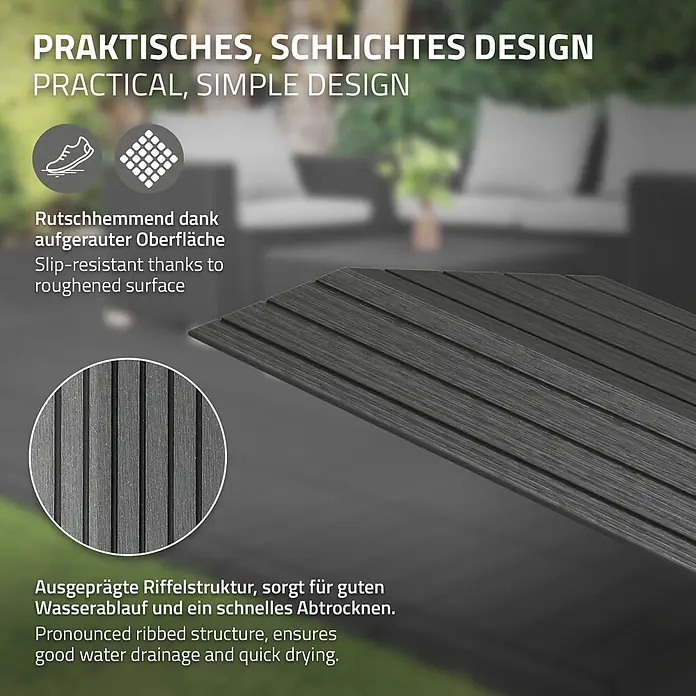 ML-Design Terrassenfliese Randabschlussleiste links Anthrazit 38x2x7,5 cm Eckleiste Umrandung - Anthrazit - Dunkelgraues geriffeltes Outdoor-Decking mit Nahaufnahmen der rutschfesten, entwässerungsoptimierten Oberfläche.