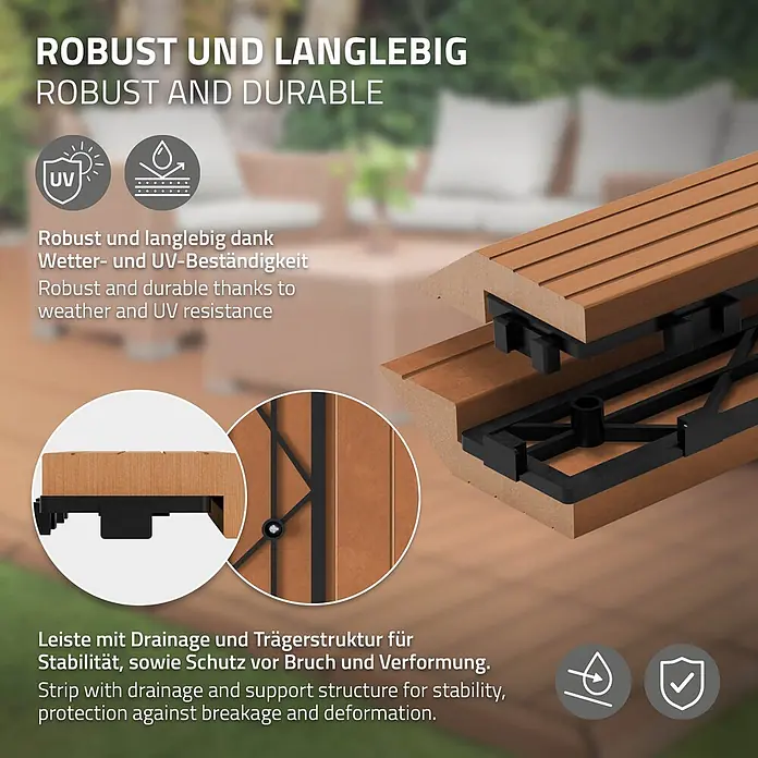 ML-Design Terrassenfliese Randabschlussleiste gerade Hellbraun 30x2x7,5 cm Holzoptik Umrandung - Hellbraun - Braune Terrassendielen mit schwarzer Drainage- und Trägerstruktur. Wetter-, UV-beständig und stabil.