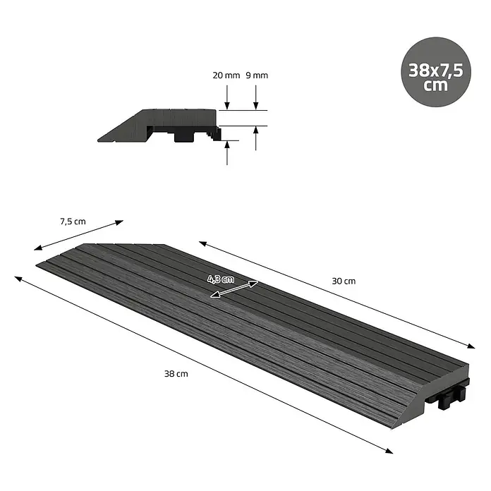 ML-Design Terrassenfliese Randabschlussleiste links Anthrazit 38x2x7,5 cm Eckleiste Umrandung - Anthrazit - Dunkelgraue geriffelte Übergangsrampe (38x7,5 cm) mit schräger Kante, Höhe von 20 mm bis 9 mm.