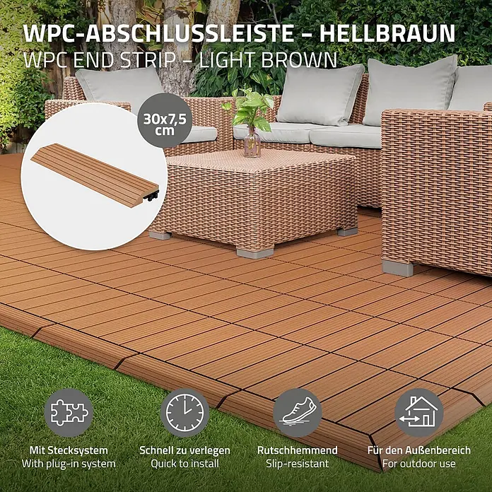 ML-Design Terrassenfliese Randabschlussleiste gerade Hellbraun 30x2x7,5 cm Holzoptik Umrandung - Hellbraun - Hellbraune WPC-Abschlussleiste (30x7,5 cm) für Terrassen, mit Stecksystem, rutschhemmend und schnell verlegbar.