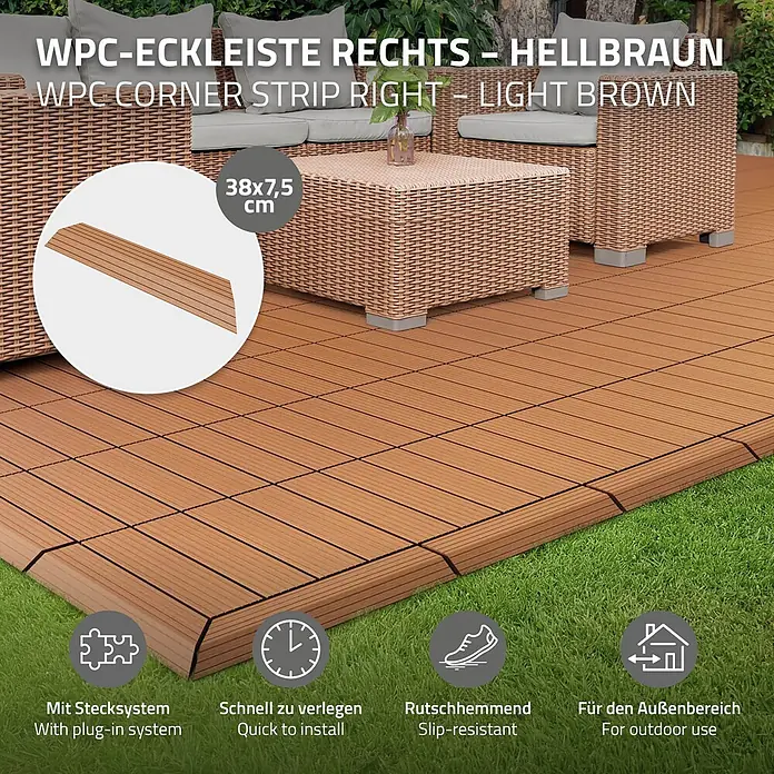 ML-Design Terrassenfliese Randabschlussleiste rechts Hellbraun 38x2x7,5 cm Eckleiste Umrandung - Hellbraun - Hellbraune WPC-Eckleiste, 38x7,5 cm, als Abschluss für eine Außenterrasse, die ins Gras übergeht.