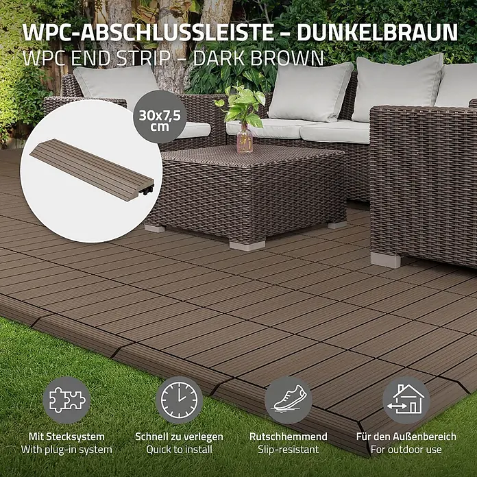 ML-Design Terrassenfliese Randabschlussleiste gerade Dunkelbraun 30x2x7,5 cm Holzoptik Umrandung - Dunkelbraun - Dunkelbraune WPC-Abschlussleiste (30x7,5 cm) für Terrassenfliesen, auf einer Terrasse installiert gezeigt.