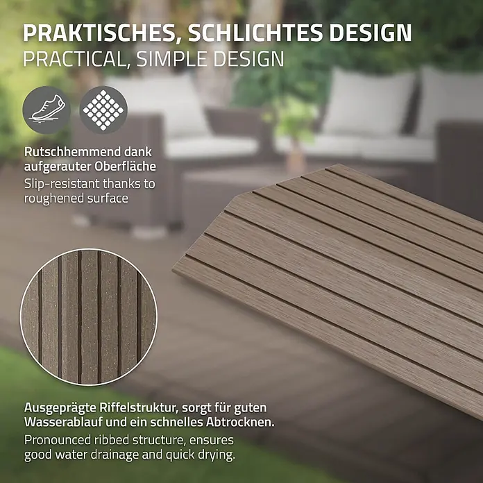 ML-Design Terrassenfliese Randabschlussleiste gerade Dunkelbraun 30x2x7,5 cm Holzoptik Umrandung - Dunkelbraun - Braunes, geriffeltes Terrassendielenbrett mit texturierter Oberfläche, gezeigt im Außenbereich auf einer Terrasse.
