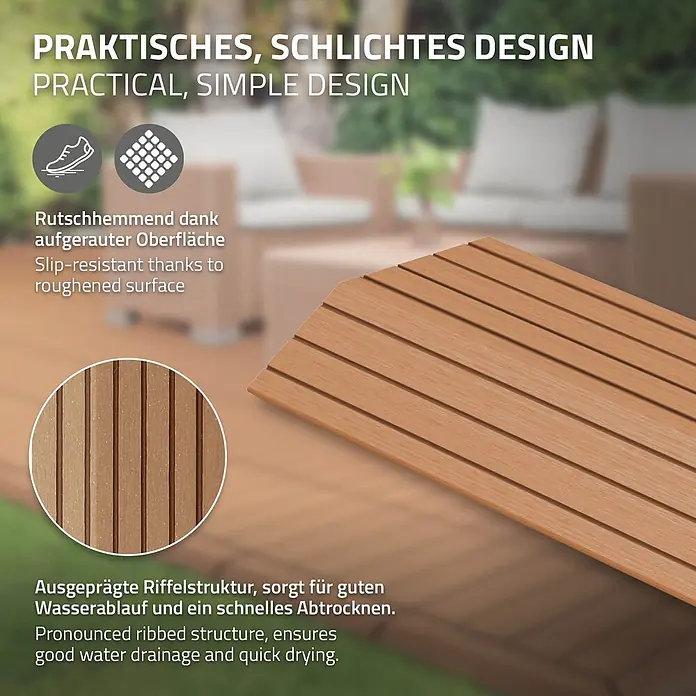 ML-Design Terrassenfliese Randabschlussleiste rechts Hellbraun 38x2x7,5 cm Eckleiste Umrandung - Hellbraun - Geriffelte braune Terrassenplanken aus Holz, rutschfest und mit gutem Wasserablauf für Außenbereiche.