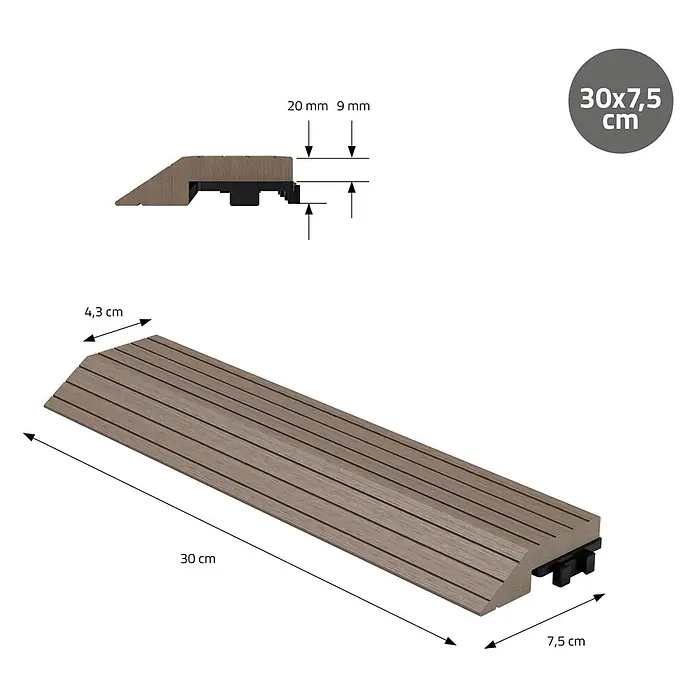 ML-Design Terrassenfliese Randabschlussleiste gerade Dunkelbraun 30x2x7,5 cm Holzoptik Umrandung - Dunkelbraun - Braune WPC-Übergangsrampe, 30x7,5 cm, mit geriffelter Oberfläche.