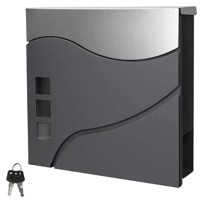 ECD Germany Wandbriefkasten Standbriefkasten mit Zeitungsfach inkl. 2 Schlüssel Stahl - L x B x H: 10,5 x 37 x 36,5 cm, Anthrazit, Silber, Edelstahl, Zeitungsfach - Moderner zweifarbiger grau-silberner Briefkasten mit drei kleinen Sichtfenstern und Wellendesign, inklusive zwei Schlüsseln.