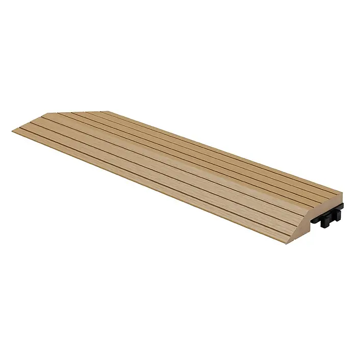 ML-Design Terrassenfliese Randabschlussleiste Ecke links Teak 38x2x7,5 cm Eckleiste Umrandung - Teak - Hellbraunes gerilltes WPC-Übergangsprofil mit schwarzem Verbinder.