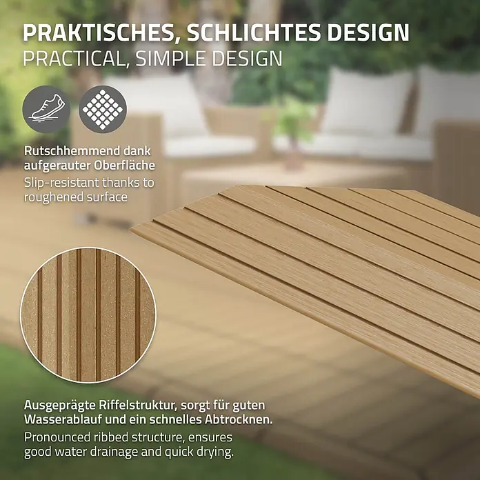 ML-Design Terrassenfliese Randabschlussleiste Ecke links Teak 38x2x7,5 cm Eckleiste Umrandung - Teak - Hellbraune, geriffelte Lamellenoberfläche für Outdoor-Terrassen, zeigt Rutschfestigkeit und Wasserablauf-Eigenschaften.