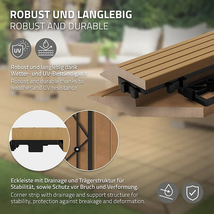 ML-Design Terrassenfliese Randabschlussleiste Ecke links Teak 38x2x7,5 cm Eckleiste Umrandung - Teak - Hellbraune WPC-Terrasseneckleiste mit schwarzer Trägerstruktur, die Drainage und Stabilität für den Außenbereich zeigt.