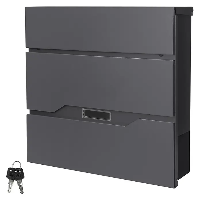 ML-Design Wandbriefkasten Zeitungsfach inkl. 2 Schlüssel Stahl - L x B x H: 11 x 37 x 36,5 cm, Anthrazit, Edelstahl, Zeitungsfach - Moderner dunkelgrauer Metallbriefkasten mit Einwurfschlitz, Namensschildhalter und Schlüsseln.