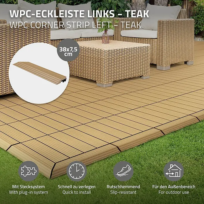 ML-Design Terrassenfliese Randabschlussleiste Ecke links Teak 38x2x7,5 cm Eckleiste Umrandung - Teak - Teakfarbene WPC-Eckleiste (links, 38x7,5 cm) auf einer Terrasse, die eine modulare Outdoor-Bodenfläche neben Gras und Möbeln abschließt.
