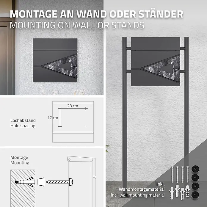 ML-Design Wandbriefkasten Mailbox mit Zeitungsrolle für Wandmontage - L x B x H: 11 x 37 x 36,5 cm, Anthrazit, Dunkelgrau, Metall, Zeitungsfach - Dunkelgrauer, moderner Briefkasten mit Marmorakzent, zur Wand- oder Standmontage, inkl. Befestigungsmaterial und Lochabständen.