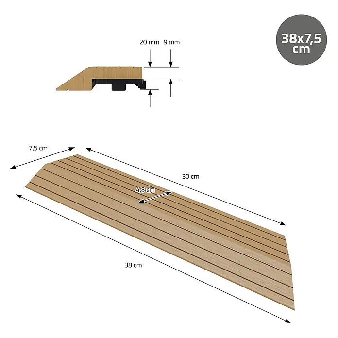 ML-Design Terrassenfliese Randabschlussleiste Ecke rechts Teak 38x2x7,5 cm Eckleiste Umrandung - Teak - Hellbraune Holzrampen-Übergangsleiste mit geriffelter Oberfläche, 38x7,5 cm, zum Überbrücken von Höhenunterschieden bis 20 mm.