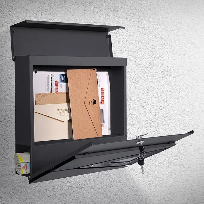 ML-Design Wandbriefkasten Mailbox mit Zeitungsrolle für Wandmontage - L x B x H: 11 x 37 x 36,5 cm, Anthrazit, Dunkelgrau, Metall, Zeitungsfach - Dunkelgrauer Wandbriefkasten aus Metall mit Post innen, offenen Klappen und Zeitungsfach.
