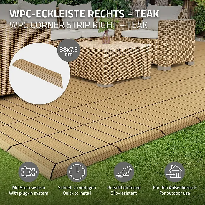 ML-Design Terrassenfliese Randabschlussleiste Ecke rechts Teak 38x2x7,5 cm Eckleiste Umrandung - Teak - Teakfarbene WPC-Eckleiste (rechts, 38x7,5 cm) für Außenterrassen. Rutschhemmend & mit Stecksystem.