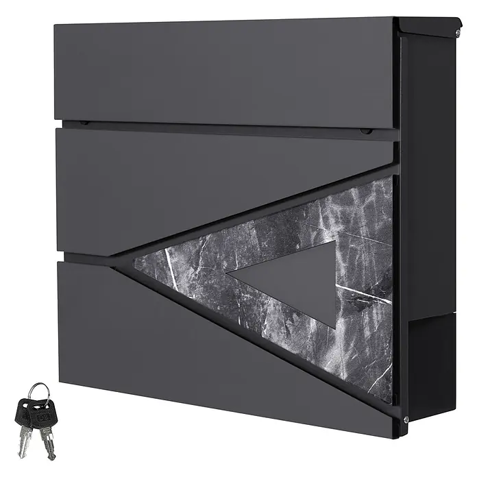 ML-Design Wandbriefkasten Mailbox mit Zeitungsrolle für Wandmontage - L x B x H: 11 x 37 x 36,5 cm, Anthrazit, Dunkelgrau, Metall, Zeitungsfach - Dunkelgrauer Briefkasten mit geometrischem Marmor-Akzent und dreieckigem Ausschnitt, inkl. Schlüssel.