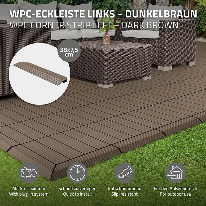 ML-Design Terrassenfliese Randabschlussleiste links Dunkelbraun 38x2x7,5 cm Eckleiste Umrandung - Dunkelbraun - Dunkelbraune WPC-Eckleiste (links), 38x7,5 cm, als Teil einer Terrassenumrandung mit Stecksystem und rutschhemmender Oberfläche.