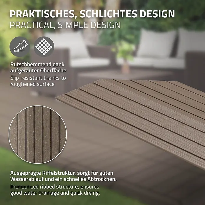 ML-Design Terrassenfliese Randabschlussleiste links Dunkelbraun 38x2x7,5 cm Eckleiste Umrandung - Dunkelbraun - Nahaufnahme von braunen, geriffelten Outdoor-Dielen mit guten Wasserablauf- und Rutschfestigkeitseigenschaften.