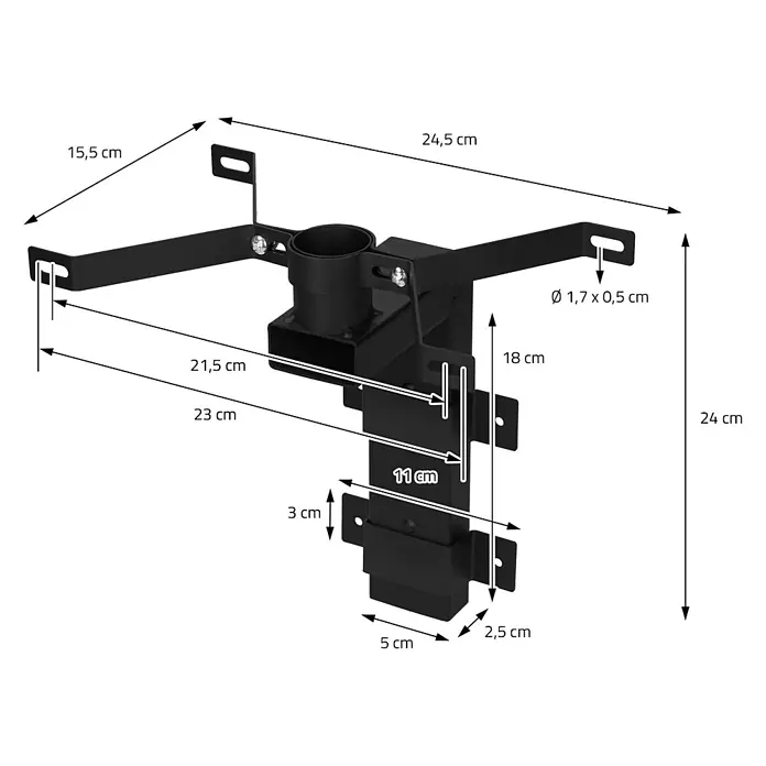 ML-Design Wandbriefkasten Schwarz Metall 24,5x15,5x24cm - L x B x H: 15,5 x 24,5 x 24 cm, Schwarz, Metall - Schwarze Metall-Montagehalterung mit mehreren Armen und zentrischer Zylinderöffnung, Maße angezeigt.