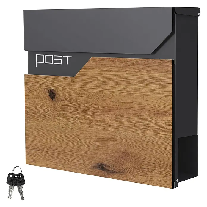 ML-Design Wandbriefkasten Mailbox mit Zeitungsrolle für Wandmontage - L x B x H: 11 x 37 x 37 cm, Anthrazit, Braun, Edelstahl, Zeitungsfach - Moderner dunkelgrauer Briefkasten mit Holzoptik-Frontplatte und „POST“-Schriftzug. Inklusive Schlüssel.