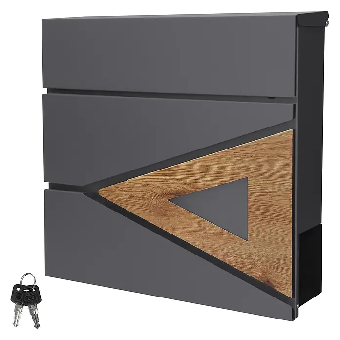 ML-Design Wandbriefkasten Mailbox mit Zeitungsrolle für Wandmontage - L x B x H: 11 x 37 x 36,5 cm, Anthrazit, Braun, Stahl, Zeitungsfach - Moderne dunkelgraue Briefkasten mit dreieckigem hellen Holz-Akzent auf der Vorderseite. Inklusive zwei Schlüsseln.